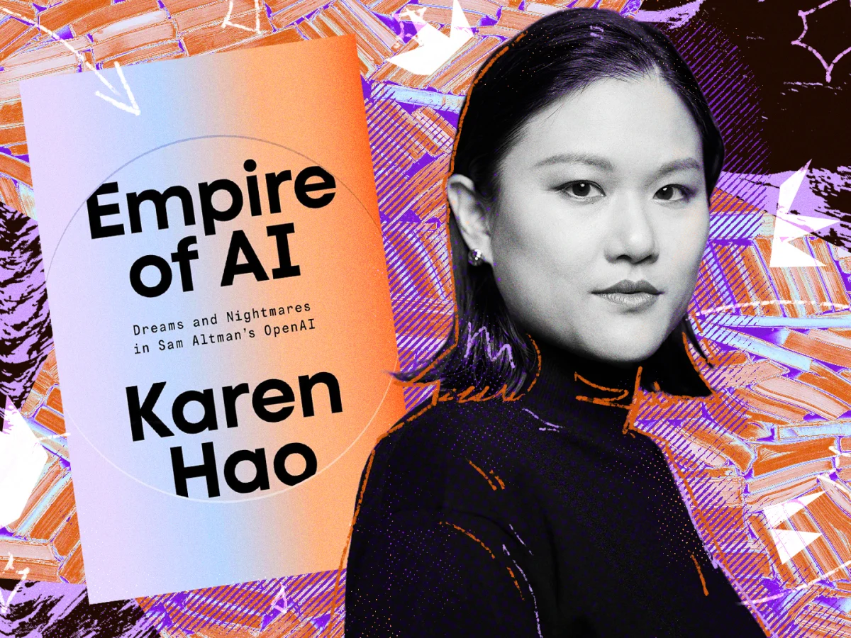 Auto-generated description: A person stands in front of an abstract, colorful background next to text that reads, Empire of AI: Dreams and Nightmares in San Altman’s OpenAI, Karen Hao.